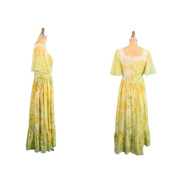 Vintage 1970s Yellow Maxi Dress Floral Flutter Sleeves Bohemian | W 29" - Picture 9 of 10